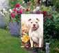 A beautiful Garden Flag with a White Pit Bull surrounded by flowers.