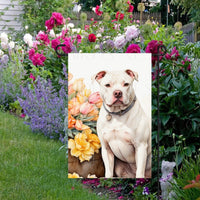 A beautiful Garden Flag with a White Pit Bull surrounded by flowers.