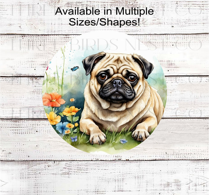 A Pug dog surrounded by beautiful flowers and butterflies.