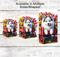 
              Dog Wreath Sign - Pomsky Dog - Spring Flowers - Floral Wreath Sign
            