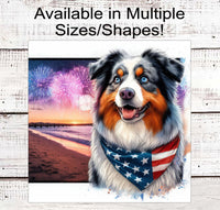 
              Patriotic Dog Wreath Signs - Australian Shepherd - American Flag - Wiggle Butt - Beach Decor - Fireworks Sign - 4th of July
            