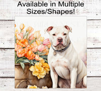 
              Dog Wreath Sign - White Staffordshire Terrier Dog - Pit Bull Lover - Spring Flowers - Floral Wreath Sign
            