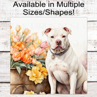 Dog Wreath Sign - White Staffordshire Terrier Dog - Pit Bull Lover - Spring Flowers - Floral Wreath Sign