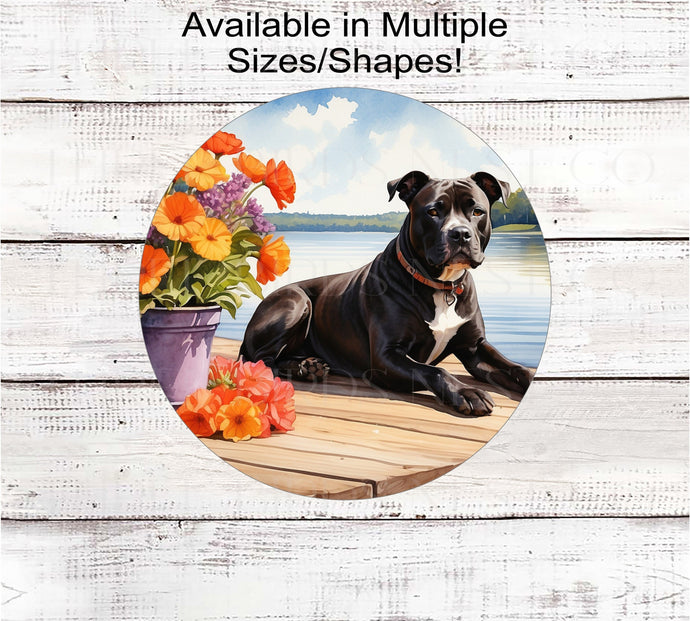 A black and white Pit Bull Dog on a dock with a flower pot overlooking a lake.