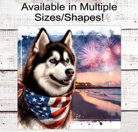 
              Patriotic Dog Wreath Signs - Siberian Husky Dog - American Flag - Wiggle Butt - Beach Decor - Fireworks Sign - 4th of July
            