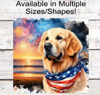 
              Patriotic Dog Wreath Signs - Golden Retriever Dog - American Flag - Wiggle Butt - Beach Decor - Fireworks Sign - 4th of July
            