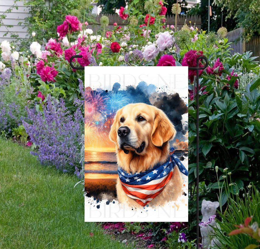 An adorable Golden Retriever Dog wearing an American Flag Bandanna on a Beach with Fireworks in the background.