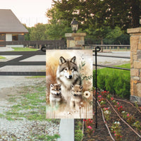 A beautiful woodland Welcome scene with a mama Wolf and her Cubs.