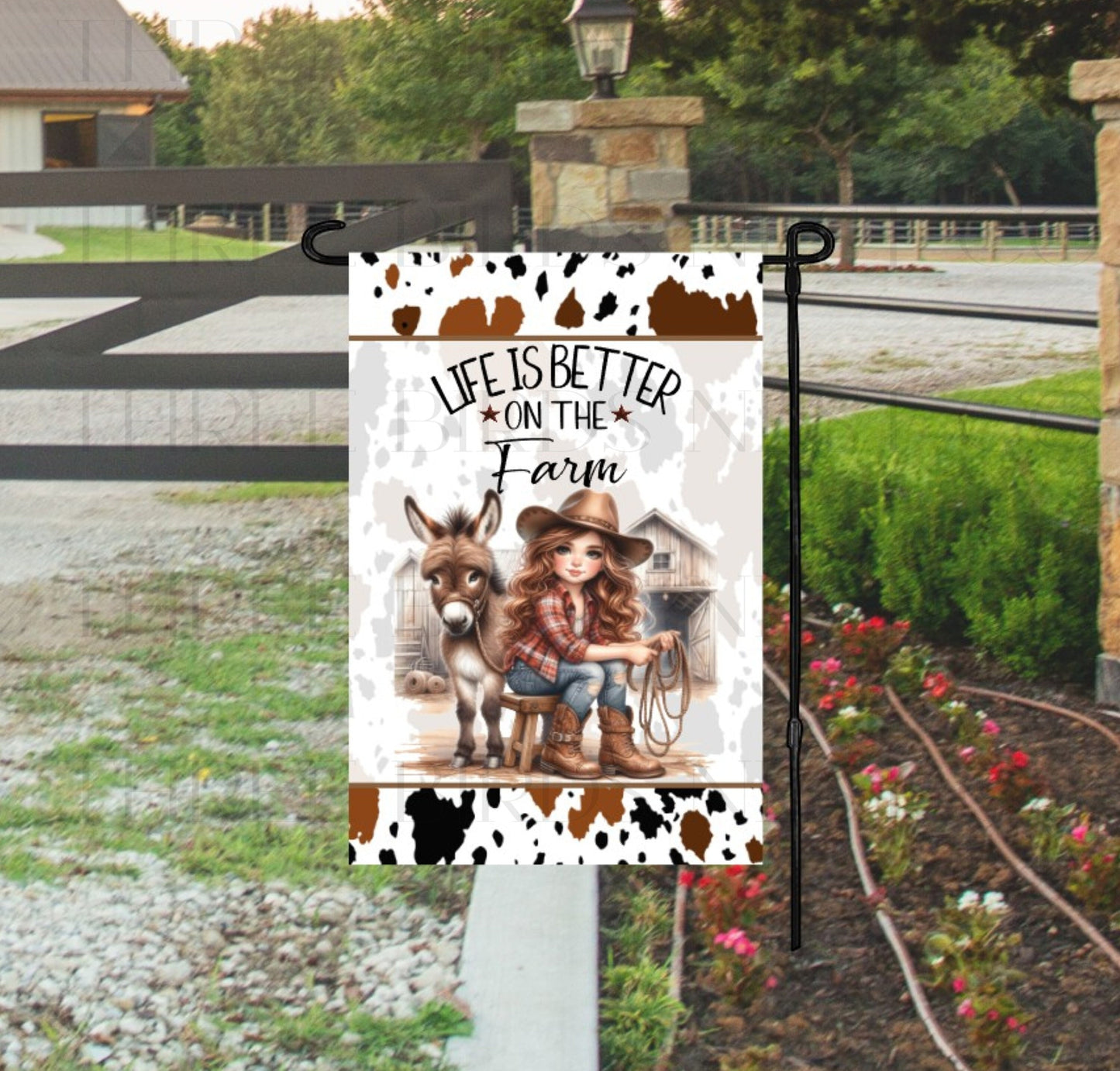 Life is Better on the Farm Garden Flag with a Farm Girl and her baby Donkey.