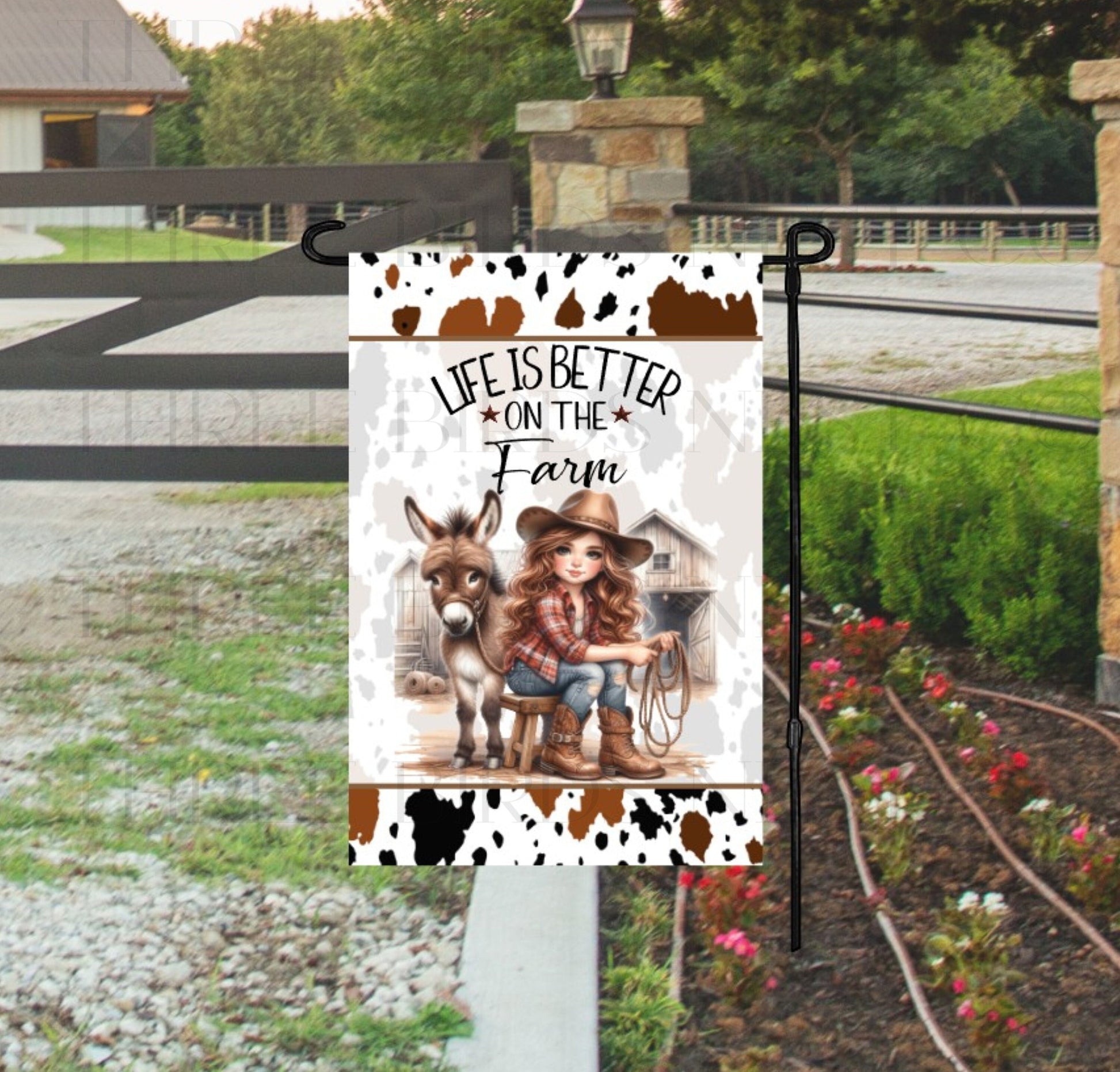 Life is Better on the Farm Garden Flag with a Farm Girl and her baby Donkey.