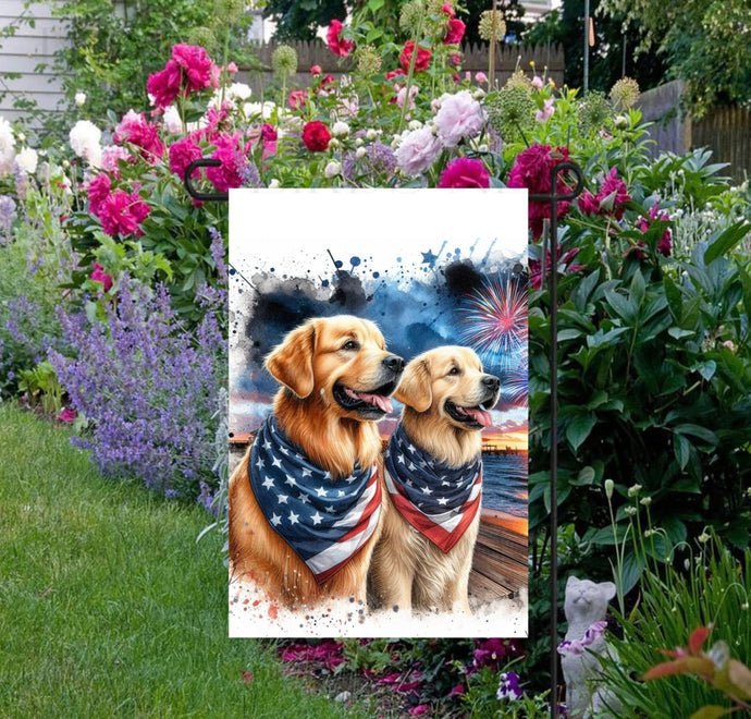 An adorable pair of Golden Retriever Dogs wearing an American Flag Bandannas on a Beach with Fireworks in the background.