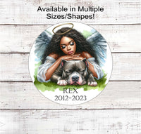 
              A Staffordshire Pit Bull Terrier with a beautiful Angel looking over him in remembrance with birth and death years and his name customized to your dog.
            