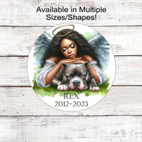 A Staffordshire Pit Bull Terrier with a beautiful Angel looking over him in remembrance with birth and death years and his name customized to your dog.