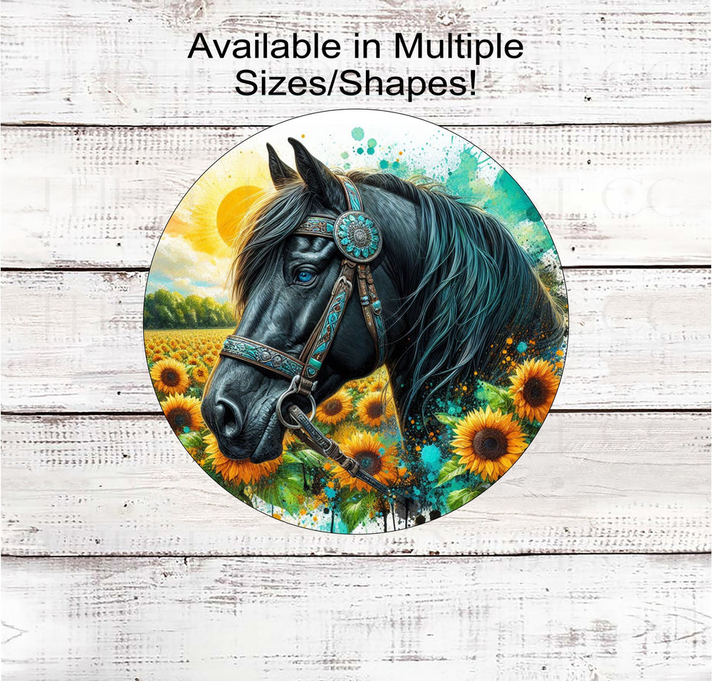 A beautiful rustic Farmhouse Welcome Sign with a beautiful black horse with a southwestern bridle with turquoise and surrounded by sunflowers.