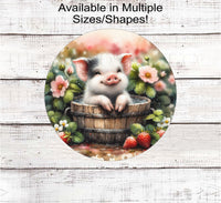 
              An adorable farm scene with a baby Pig taking a bath in a wooden tub with farm fresh strawberries around the tub.
            