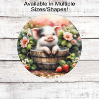 An adorable farm scene with a baby Pig taking a bath in a wooden tub with farm fresh strawberries around the tub.