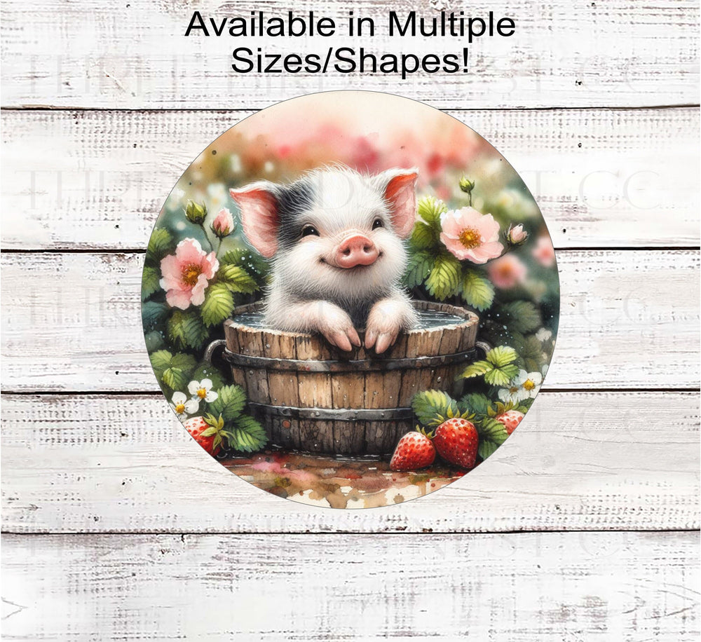 An adorable farm scene with a baby Pig taking a bath in a wooden tub with farm fresh strawberries around the tub.