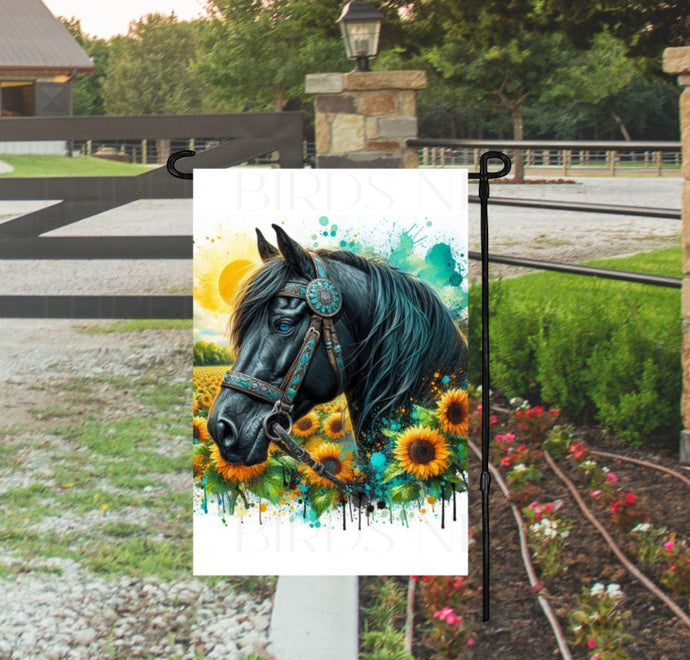 A beautiful black Horse with southwestern accents of turquoise surrounded by a field of sunflowers.