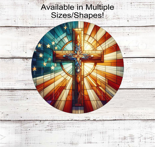 I beautiful Cross with an American Flag Stained Glass look background.