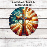 I beautiful Cross with an American Flag Stained Glass look background.