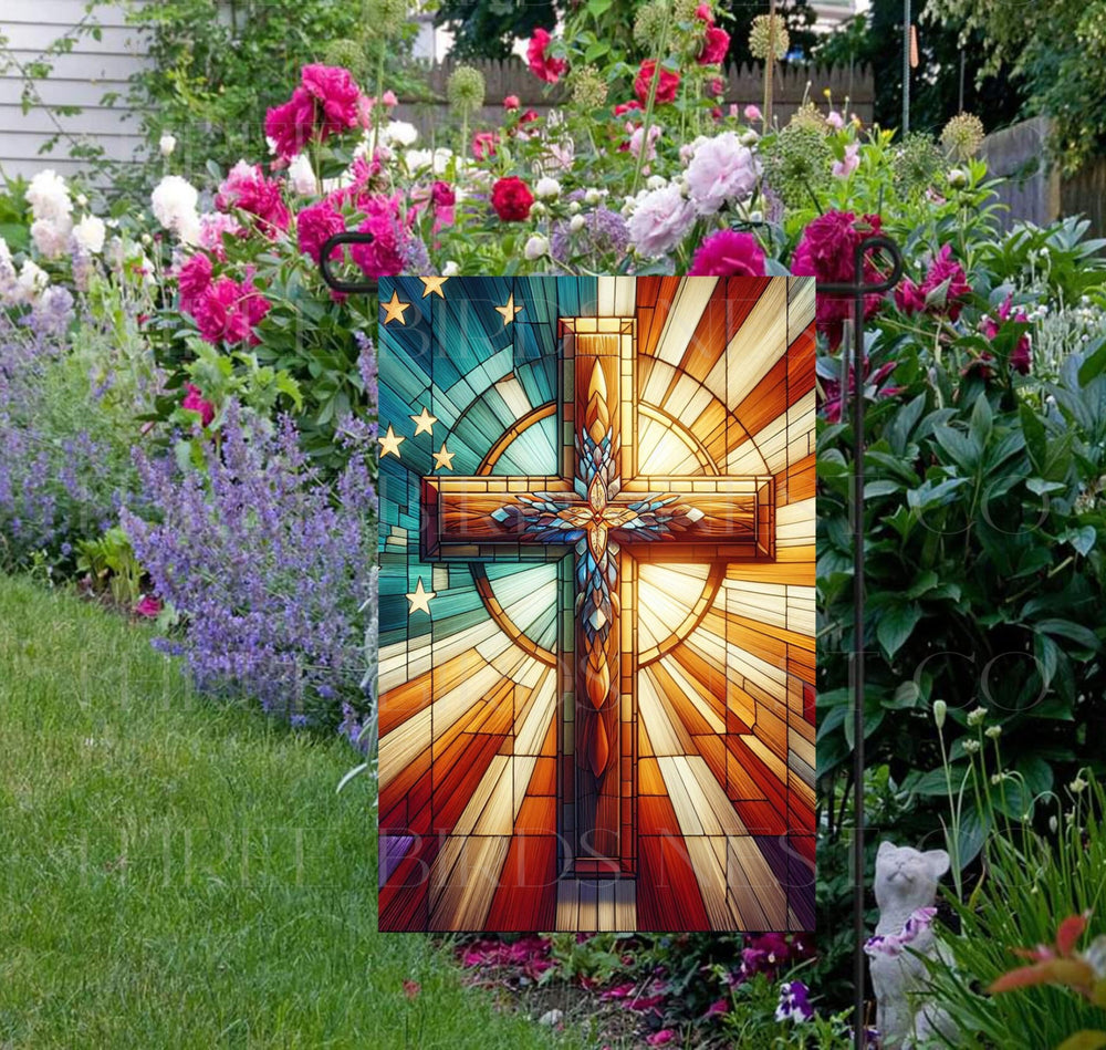 A beautiful stained glass looking American Flag with a Cross. God Bless America.