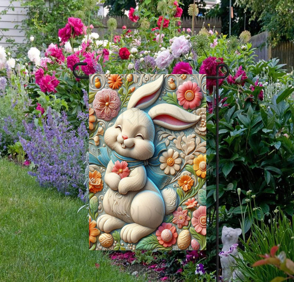 A beautiful and happy Easter Bunny in 3-D with Spring Flowers