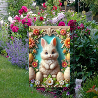 A beautiful and happy Easter Bunny in 3-D with Spring Flowers and Easter Eggs