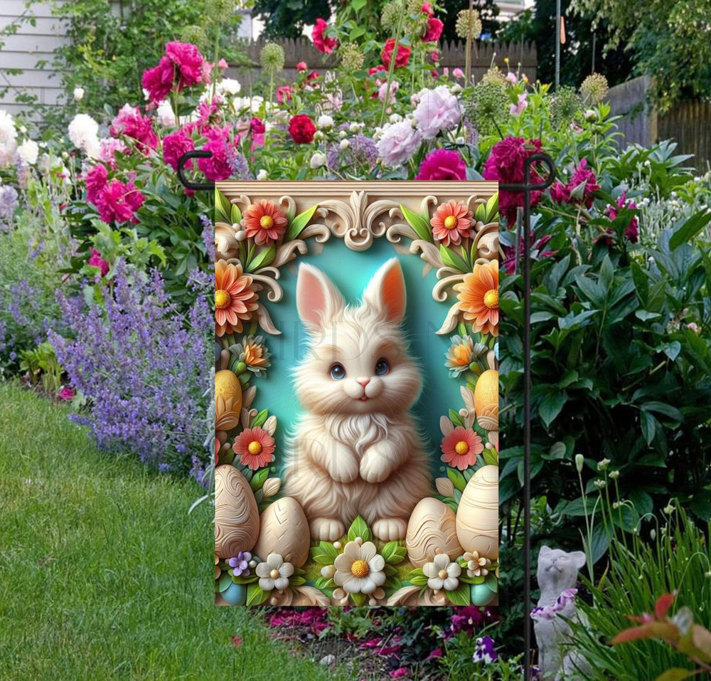 A beautiful and happy Easter Bunny in 3-D with Spring Flowers and Easter Eggs