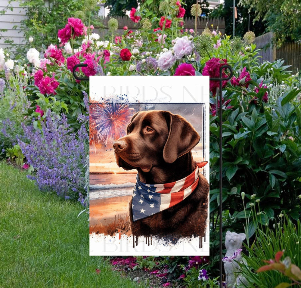 An adorable Chocolate Labrador Retriever Dog wearing an American Flag Bandanna on a Beach with Fireworks in the background.