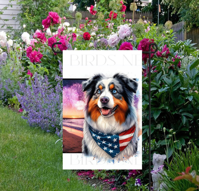 An adorable Australian Shepherd Dog wearing an American Flag Bandanna on a Beach with Fireworks in the background.