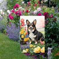 A beautiful Corgi dog surrounded by beautiful Spring Flowers.