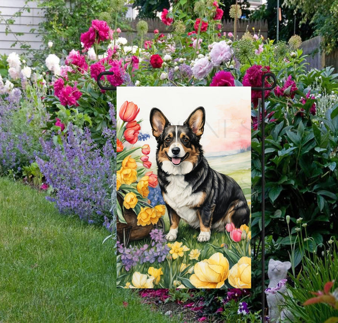 A beautiful Corgi dog surrounded by beautiful Spring Flowers.