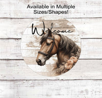 
              A beautiful rustic Farmhouse Welcome Sign with a beautiful bay colored horse with a collar of peach flowers.
            