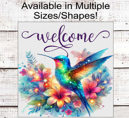 Hummingbird Welcome Wreath Sign - Floral Decor - Rainbow Colors