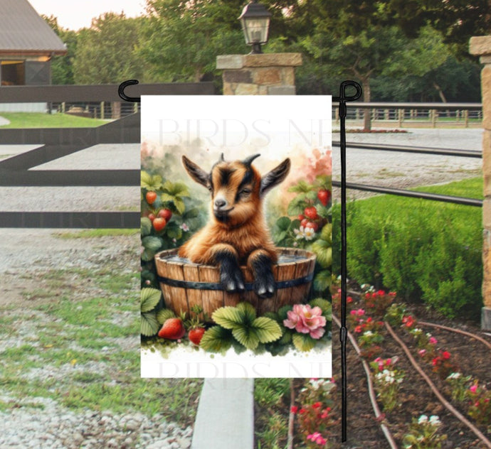 An adorable farm scene with a baby Goat taking a bath in a wooden tub with farm fresh strawberries around the tub.