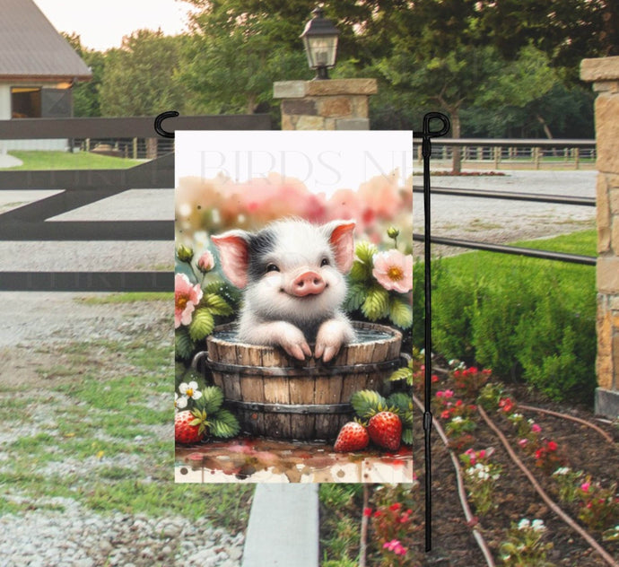 An adorable farm scene with a baby Pig taking a bath in a wooden tub with farm fresh strawberries around the tub.