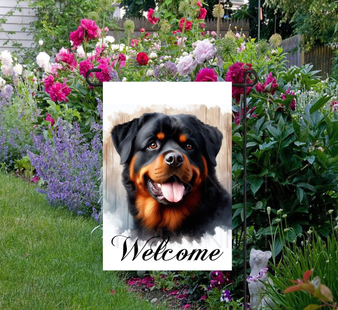 A beautiful Rottweiler Welcome Garden Flag that will be perfect for any Pet Lovers home!