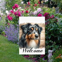 A beautiful Australian Shepherd Dog Welcome Garden Flag that will be perfect for any Pet Lovers home!