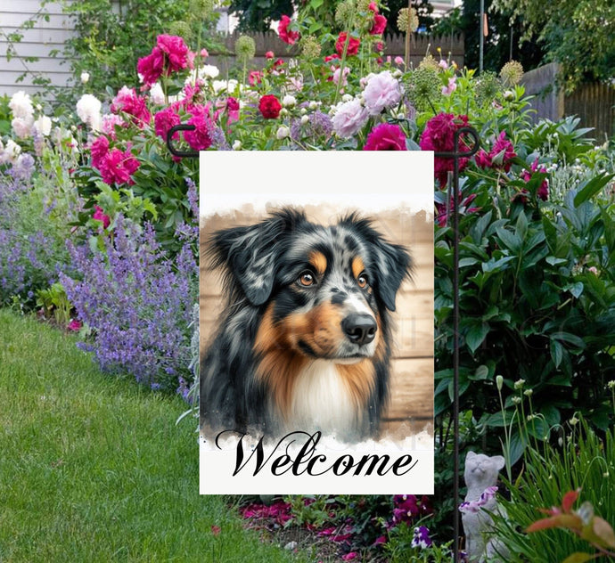 A beautiful Australian Shepherd Dog Welcome Garden Flag that will be perfect for any Pet Lovers home!