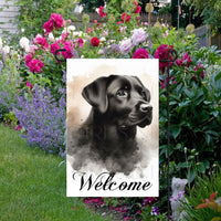 A beautiful Welcome Garden Flag with a black Labrador Retriever.