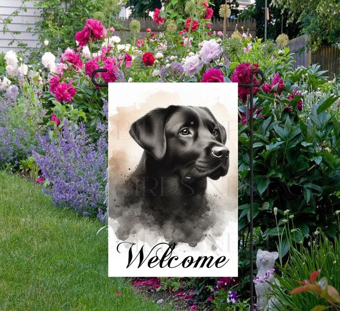 A beautiful Welcome Garden Flag with a black Labrador Retriever.