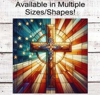 
              Stained Glass Cross Patriotic Wreath Sign - 4th of July Decor - God Bless America - American Flag Decor
            