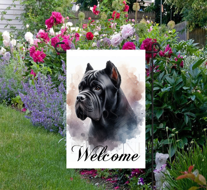 A beautiful Welcome Garden Flag with a black Cane Corso dog.