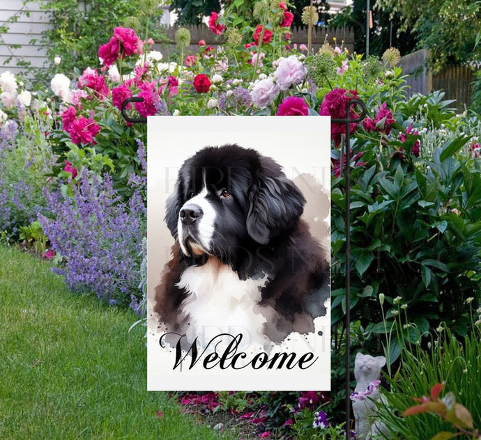 A beautiful Welcome Garden Flag with a Landseer Newfoundland dog.