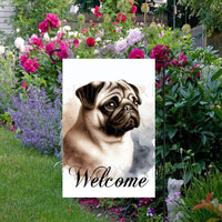 A Welcome Garden Flag with an adorable Pug Dog.