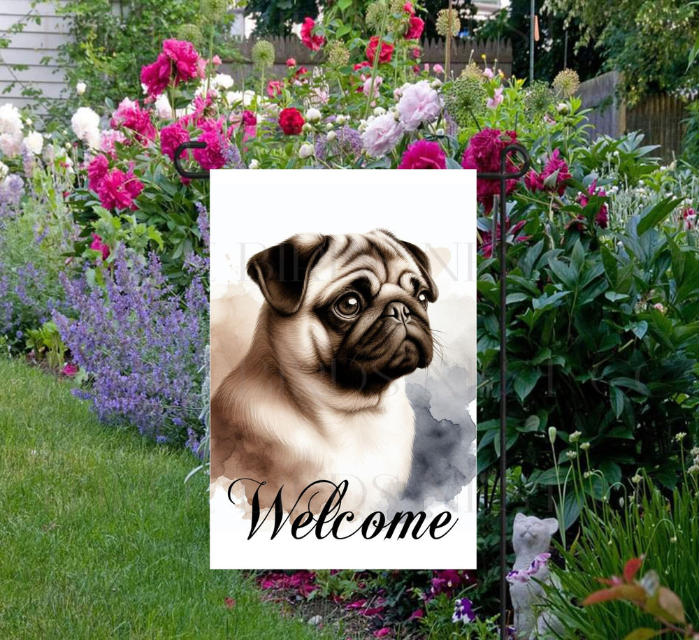 A Welcome Garden Flag with an adorable Pug Dog.