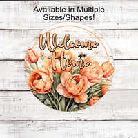 A beautiful Welcome Home wreath sign with Pantone Peach Tulips and a bumble bee.