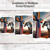 Patriotic Wreath Sign - American Flag - Bald Eagle - Religious Cross Sign - God Bless America