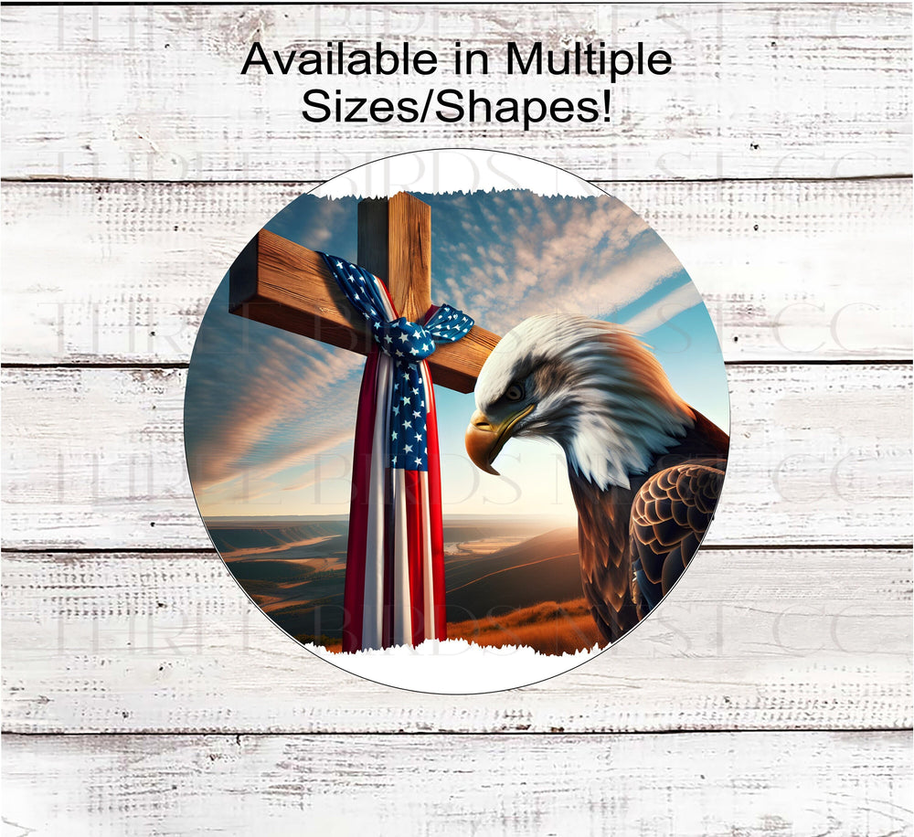 A beautiful Bald Eagle bows in front of a wooden cross with am American Flag sash.