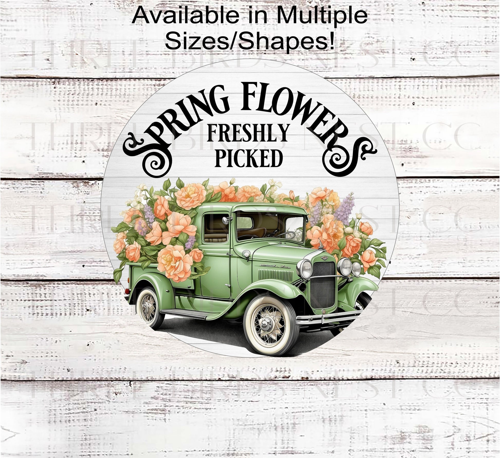 A beautiful green Vintage Truck filles with colorful Spring Flowers for the Farmers Market